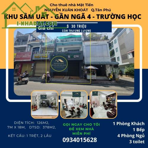 Cho thuê nhà Mặt Tiền Nguyễn Xuân Khoát 126m2, 2Lầu, 30 triệu, gần ngã 4