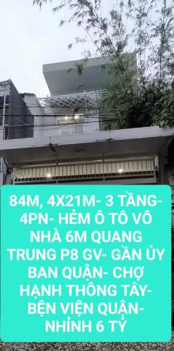 84M- 4X21M- 3 TẦNG- HẺM 6M XE TĂNG ĐUA- QUANG TRHNG P8 SÁT CITYLAND- NHỈNH 6 TỶ - 5