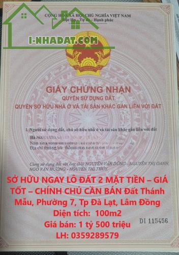 SỞ HỮU NGAY LÔ ĐẤT 2 MẶT TIỀN – GIÁ TỐT – CHÍNH CHỦ CẦN BÁN Đất Thánh Mẫu, Đà Lạt