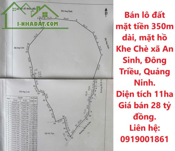 Bán lô đất mặt tiền 350m dài, mặt hồ Khe Chè xã An Sinh, Đông Triều, Quảng Ninh.