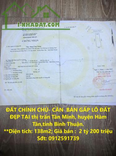 ĐẤT CHÍNH CHỦ- CẦN  BÁN GẤP LÔ ĐẤT ĐẸP TẠI thị trấn Tân Minh, huyện Hàm Tân,tỉnh Bình