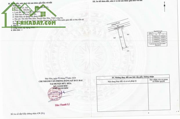 Bán gấp lô đất mặt tiền ÚT AN-kv4-thị trấn Đức Hòa. DT:4,5x23,5m=106m2 giá 1 tỷ 850 triệu