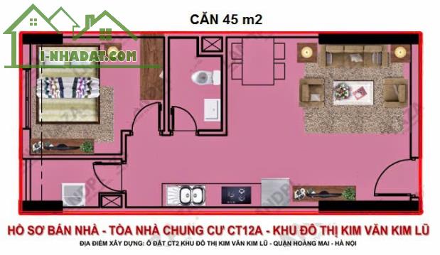 Chính chủ cần bán căn hộ 1 ngủ 45m, hướng đông Nam, đã có sổ tại tòa CT12A KDT Kim Văn Kim