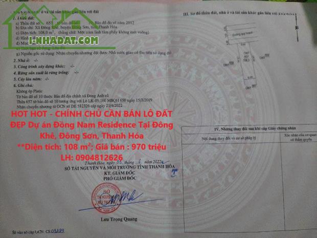 HOT HOT - CHÍNH CHỦ CẦN BÁN LÔ ĐẤT ĐẸP Dự án Đồng Nam Residence Tại Đông Khê, Đông Sơn,