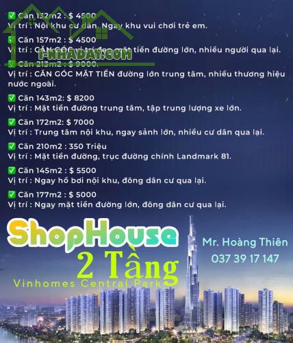 Thuê Shophouse 2 tầng Vinhomes Central Park, Tháng 10.2024 hơn 150m: 112 triệu.LH: