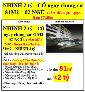 NHỈNH 2 tỷ - CÓ ngay chung cư 81M2 – 02 NGỦ- TRẦN HỮU DỰC - Quận Nam Từ Liêm 81m2 – NHỈNH - 1