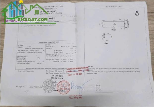 Mặt Tiền Âu Cơ, Phường Tân Thành, Q. Tân Phú. Dt 4x14m (52m2), chốt nhanh 7.5 tỷ