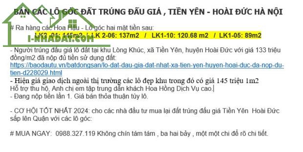 BÁN CÁC LÔ GÓC ĐẤT TRÚNG ĐẤU GIÁ , TIỀN YÊN  HOÀI ĐỨC HÀ NỘI - 4