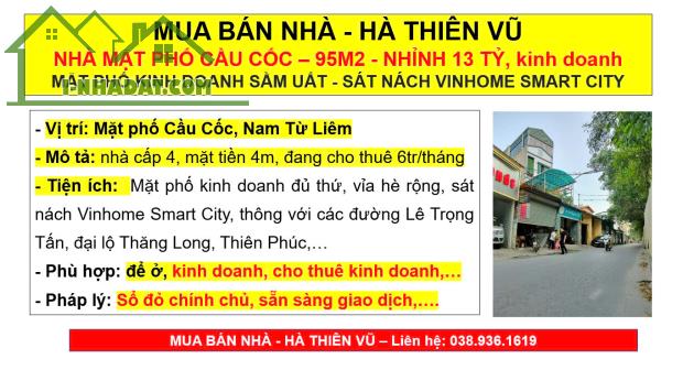 MUA BÁN NHÀ - HÀ THIÊN VŨ NHÀ MẶT PHỐ CẦU CỐC – 95M2, Mặt tiền 4m, kinh doanh MẶT PHỐ KINH - 2