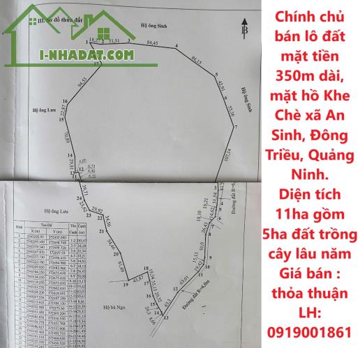 Chính chủ bán lô đất mặt tiền 350m dài, mặt hồ Khe Chè xã An Sinh, Đông Triều, Quảng Ninh.