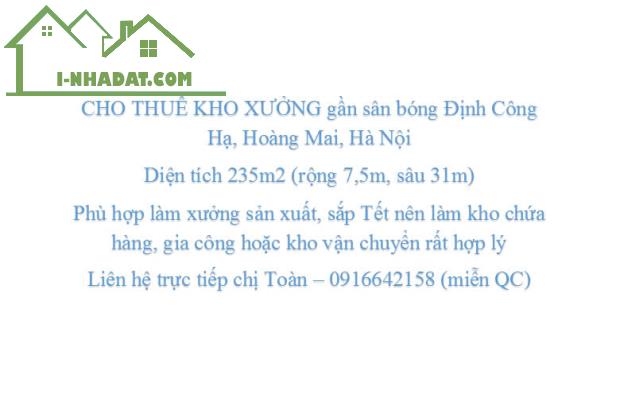 CHO THUÊ KHO XƯỞNG gần sân bóng Định Công Hạ, Hoàng Mai, Hà Nội