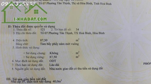 Chính chủ cần bán 87,5m2 đất tại đường Tiểu Khu 10, Phường Tân Thịnh, TP Hòa Bình - 1