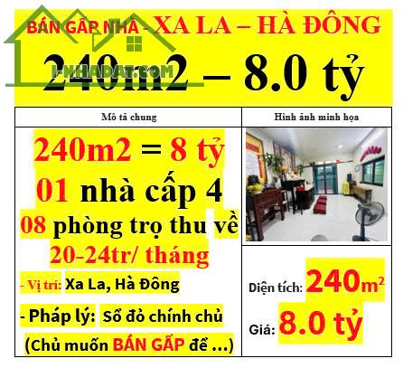 BÁN GẤP NHÀ - XA LA – HÀ ĐÔNG 240m2 – 8.0 tỷ