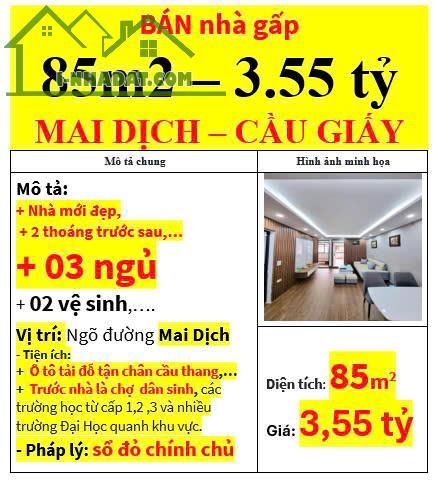 BÁN nhà gấp  85m2 – 3.55 tỷ MAI DỊCH – CẦU GIẤY