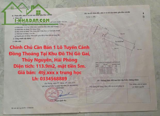 Chính Chủ Cần Bán 1 Lô Tuyến Cánh Đồng Thoáng Tại Khu Đô Thị Gò Gai, Thủy Nguyên, Hải