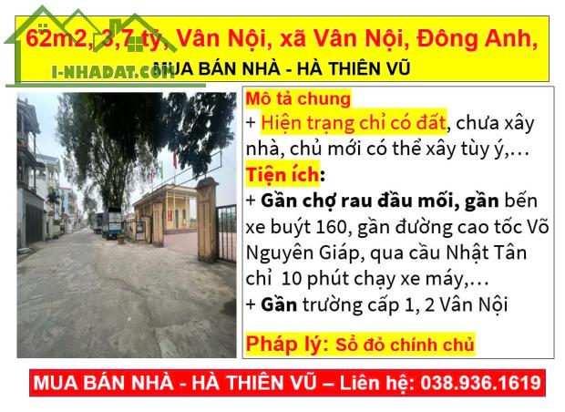 62m2, 3,7 tỷ, Vân Nội, xã Vân Nội, Đông Anh,  MUA BÁN NHÀ - HÀ THIÊN VŨ