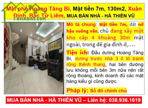 Mặt phố Hoàng Tăng Bí, Mặt tiền 7m, 130m2, Xuân Đỉnh, Bắc Từ Liêm, MUA NHÀ, HÀ THIÊN VŨ