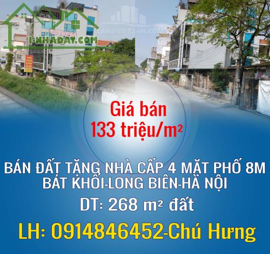 CHÍNH CHỦ BÁN ĐẤT TẶNG NHÀ CẤP 4 MẶT PHỐ 8M BÁT KHỐI-LONG BIÊN