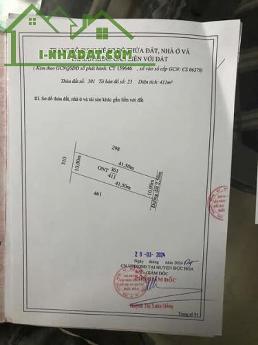 Bán gấp 10x41m thổ cư xã Hòa Khánh Đông. Giá 1 ty 250 triệu/ sổ hồng riêng. đường pê tông