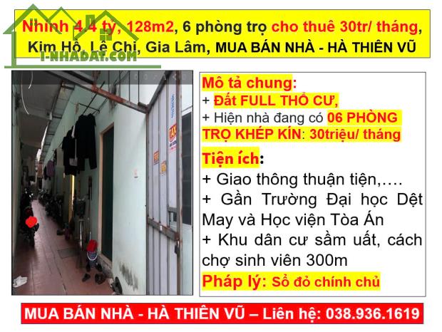 Nhỉnh 4.4 tỷ, 128m2, 6 phòng cho thuê 30tr/tháng, Kim Hồ, Lệ Chi, Gia Lâm, HÀ THIÊN VŨ