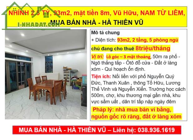 NHỈNH 2.5 TỶ, 93m2, mặt tiền 8m, Vũ Hữu, NAM TỪ LIÊM, MUA BÁN NHÀ - HÀ THIÊN VŨ - 4