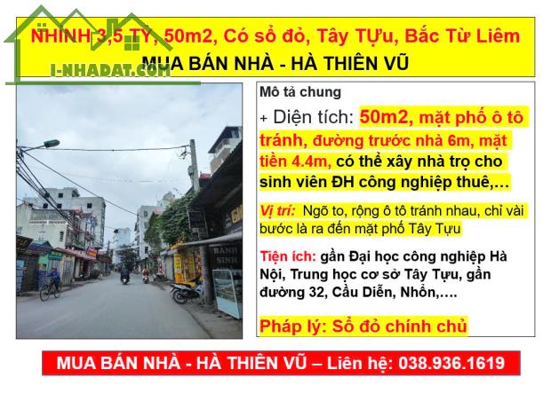 NHỈNH 3,5 TỶ, 50m2, Có sổ đỏ, Tây TỰu, Bắc Từ Liêm,  MUA BÁN NHÀ - HÀ THIÊN VŨ