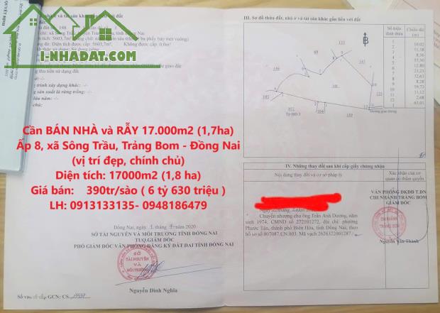 Cần BÁN NHÀ và RẪY 17.000m2 (1,7ha) Ấp 8, xã Sông Trầu, Trảng Bom - Đồng Nai (vị trí đẹp, - 4