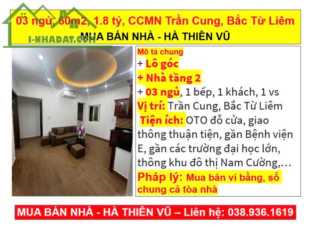 03 ngủ, 60m2, 1.8 tỷ, CCMN Trần Cung, Bắc Từ Liêm  MUA BÁN NHÀ - HÀ THIÊN VŨ