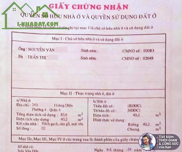 BÁN NHÀ HẺM 243 HOÀNG DIỆU. DIỆN TÍCH KHỦNG 40M2. 3.3MX13M. KHÔNG BỊ QUI HOẠCH. SÁT QUẬN 1 - 3