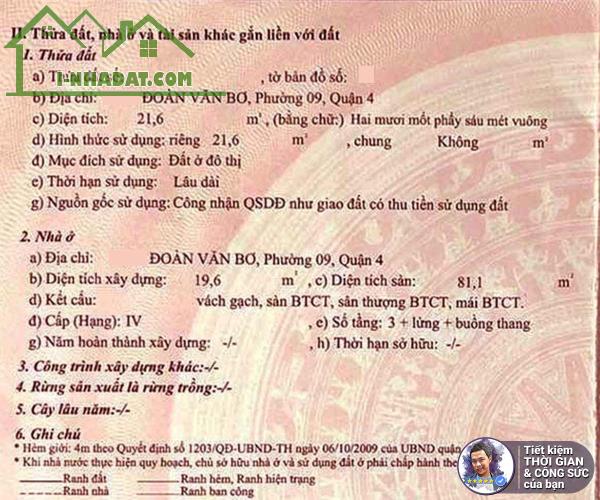 BÁN NHÀ ĐOÀN VĂN BƠ. 22M2. 5 TẦNG BÊ TÔNG CỐT THÉP.HẺM TRƯỚC NHÀ 3.5M. SÁT QUẬN 1 - 11