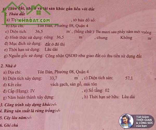 BÁN NHÀ HẺM TÔN ĐẢN. 37M2. 3.4MX11M. HẺM 2.5M. NHÀ CŨ. TIỆN XÂY MỚI. KHÔNG CHÚT QUI HOẠCH - 4