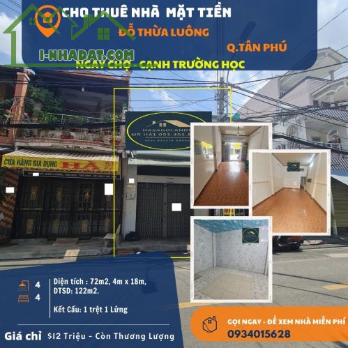 Cho thuê nhà mặt tiền Đỗ Thừa Luông 72m2, 1 Lửng, 12Triệu - NGAY CHỢ