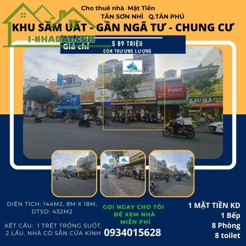 CỰC HIẾM - Cho thuê nhà mặt tiền Tân Sơn Nhì 144m2, 2Lầu - NGAY NGÃ TƯ