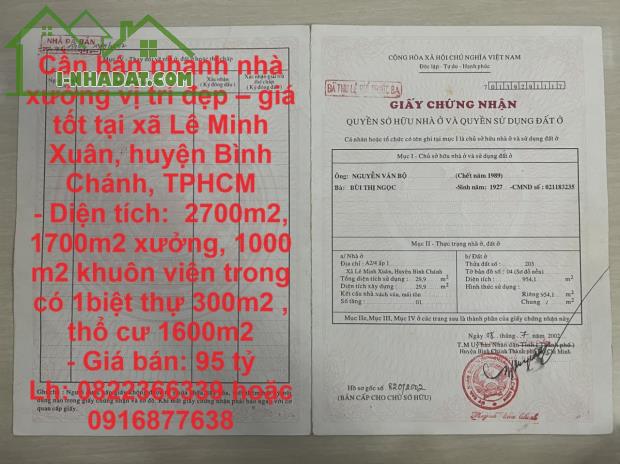 Cần bán nhanh nhà xưởng vị trí đẹp – giá tốt tại huyện Bình Chánh, TPHCM