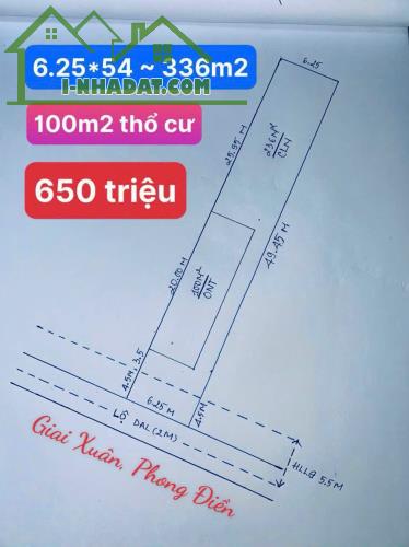 650tr - Nền Đẹp 336m2 Có 100 Thổ Cư, Cách Chợ Phong Điền 2,5km ~ 1,9tr/m2 - 2