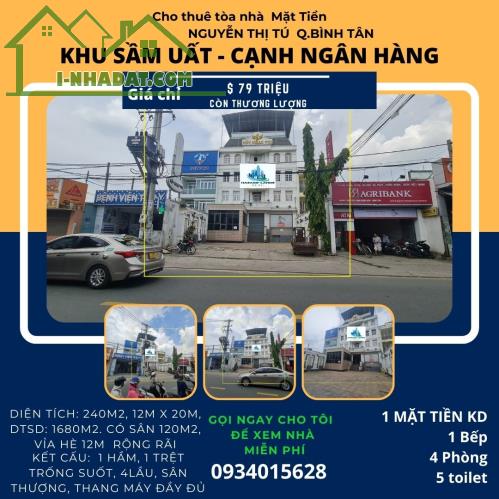 CỰC HIẾM- Cho thuê Tòa nhà mặt tiền Nguyễn Thị Tú 240m2, 4Lầu+ST-THANG MÁY