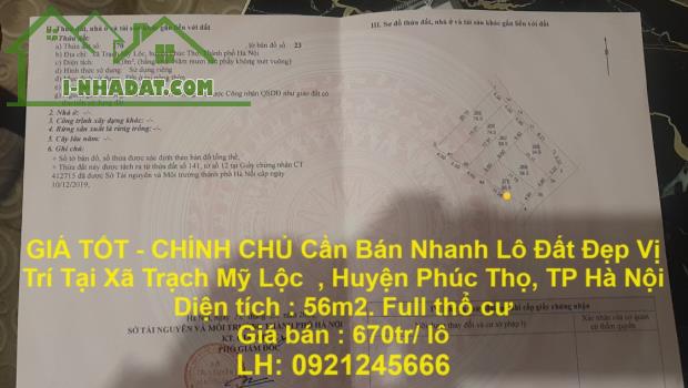 GIÁ TỐT - CHÍNH CHỦ Cần Bán Nhanh Lô Đất Đẹp Vị Trí Tại Huyện Phúc Thọ, TP Hà Nội