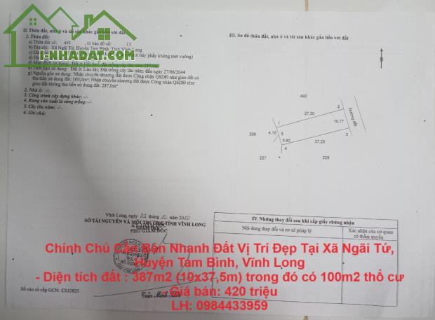 Chính Chủ Cần Bán Nhanh Đất Vị Trí Đẹp Tại Xã Ngãi Tứ, Huyện Tam Bình, Vĩnh Long