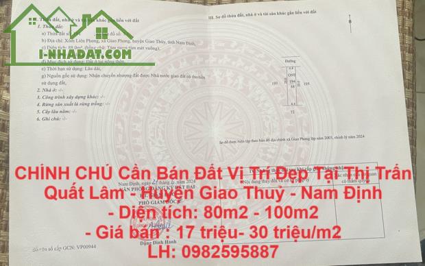 CHÍNH CHỦ Cần Bán Đất Vị Trí Đẹp Tại Thị Trấn Quất Lâm - Huyện Giao Thuỷ - Nam Định