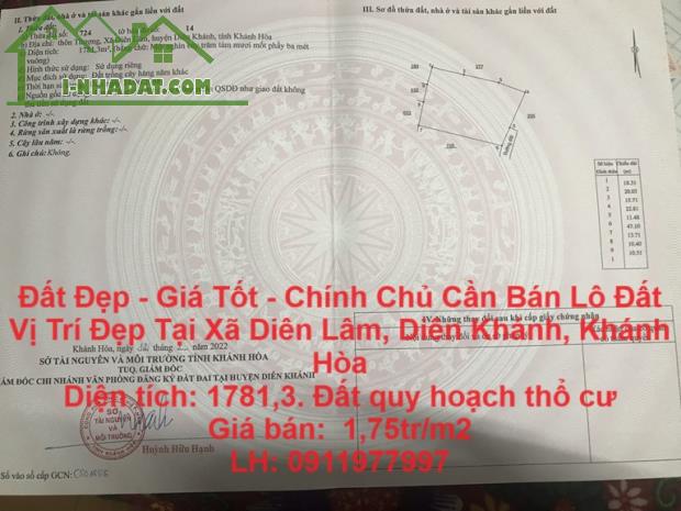 Đất Đẹp - Giá Tốt - Chính Chủ Cần Bán Lô Đất Vị Trí Đẹp Tại Xã Diên Lâm, Diên Khánh,