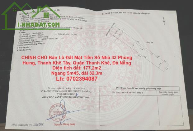 CHÍNH CHỦ Bán Lô Đất Mặt Tiền Số Nhà 33 Phùng Hưng, Thanh Khê Tây, Quận Thanh Khê, Đà Nẵng