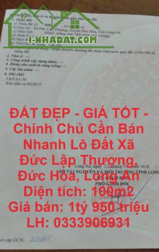 ĐẤT ĐẸP - GIÁ TỐT - Chính Chủ Cần Bán Nhanh Lô Đất Xã Đức Lập Thượng, Đức Hòa, Long An