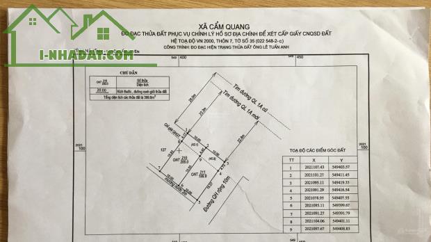 CHÍNH CHỦ CẦN BÁN 2 LÔ Đất LIỀN KỀ MẶT TIỀN Tại Đường Quốc lộ 1A, Xã Cẩm Quang, Cẩm