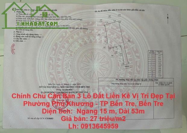 Chính Chủ Cần Bán 3 Lô Đất Liền Kề Vị Trí Đẹp Tại Phường Phú Khương - TP Bến Tre, Bến Tre