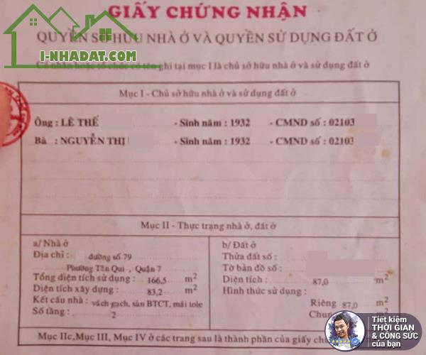 BÁN NHÀ MẶT TIỀN ĐƯỜNG SỐ 79, PHƯỜNG VIP TÂN QUY. GẦN 90M2. NGANG KHỦNG 4.6M - 2