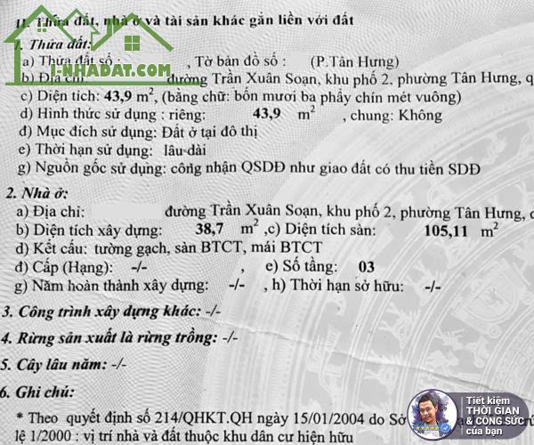 BÁN NHÀ TRẦN XUÂN SOẠN. 44M2. 4MX11M. 3 TẦNG. NHÀ ĐẸP NHƯ MỚI. TIỆN ĐI LÀM QUẬN 1 - 2