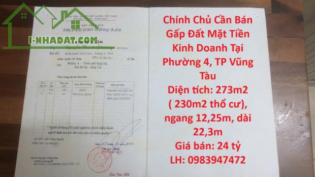 Chính Chủ Cần Bán Gấp Đất Mặt Tiền Kinh Doanh Tại Phường 4, TP Vũng Tàu