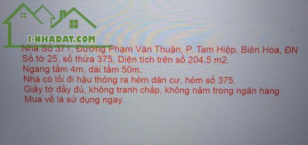 Chính Chủ Bán Nhà Mặt Tiền Đường Phạm Văn Thuận, KP4, P. Tam Hiệp, Biên Hòa