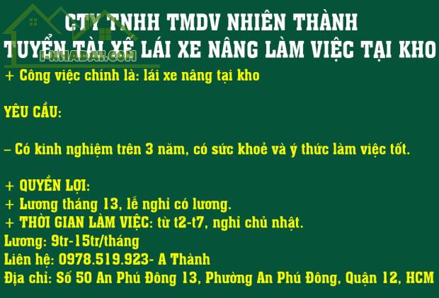 CTY TNHH TMDV NHIÊN THÀNH- TUYỂN TÀI XẾ LÁI XE NÂNG LÀM VIỆC TẠI KHO