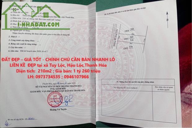 ĐẤT ĐẸP – GIÁ TỐT - CHÍNH CHỦ CẦN BÁN NHANH LÔ LIỀN KỀ  ĐẸP tại xã Tuy Lộc, Hậu Lộc,Thanh - 3